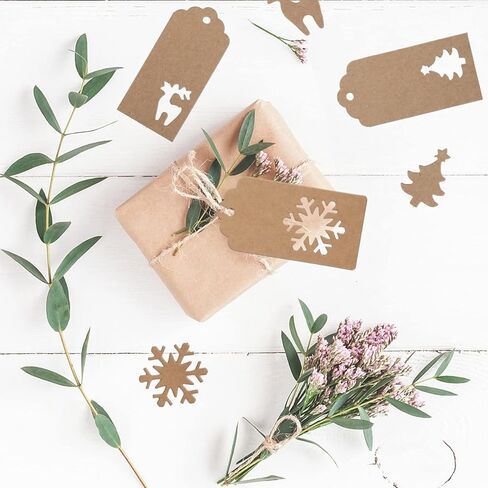 Joycraft 150Pcs Tags with String, 3 Style Kraft Paper Blank Hollow-Out Tags, Personalized Gift Hangtags for Package, Christmas Party, and Holiday (Snowflakes, Trees, Fawn) in Saudi Arabia