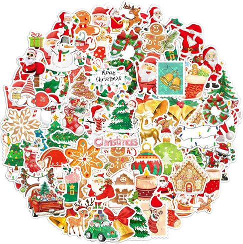 100Pcs Christmas Stickers, Laser Cute Reindeer Santa Claus Xmas Stickers Vinyl Waterproof Self-Adhesive Christmas Theme Sticker Decals for Scrapbook Envelope Xmas Party DIY Crafts in Saudi Arabia