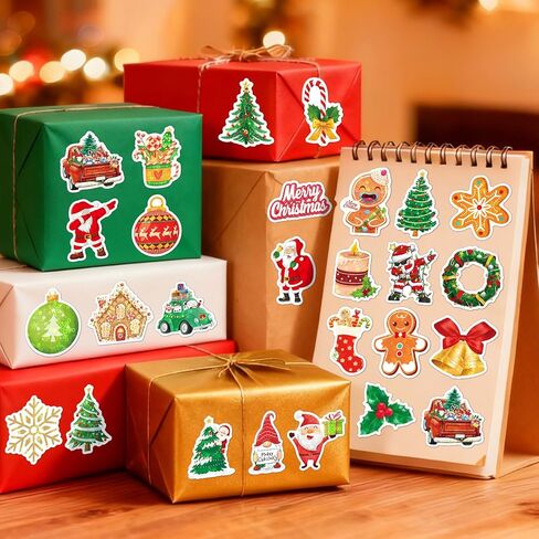 100Pcs Christmas Stickers, Laser Cute Reindeer Santa Claus Xmas Stickers Vinyl Waterproof Self-Adhesive Christmas Theme Sticker Decals for Scrapbook Envelope Xmas Party DIY Crafts in Saudi Arabia