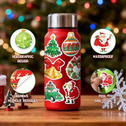 100Pcs Christmas Stickers, Laser Cute Reindeer Santa Claus Xmas Stickers Vinyl Waterproof Self-Adhesive Christmas Theme Sticker Decals for Scrapbook Envelope Xmas Party DIY Crafts in Saudi Arabia