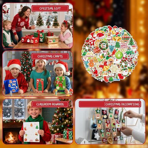 100Pcs Christmas Stickers, Laser Cute Reindeer Santa Claus Xmas Stickers Vinyl Waterproof Self-Adhesive Christmas Theme Sticker Decals for Scrapbook Envelope Xmas Party DIY Crafts in Saudi Arabia