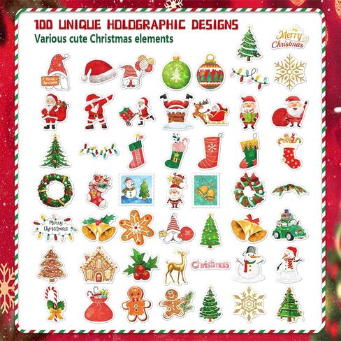 100Pcs Christmas Stickers, Laser Cute Reindeer Santa Claus Xmas Stickers Vinyl Waterproof Self-Adhesive Christmas Theme Sticker Decals for Scrapbook Envelope Xmas Party DIY Crafts in Saudi Arabia