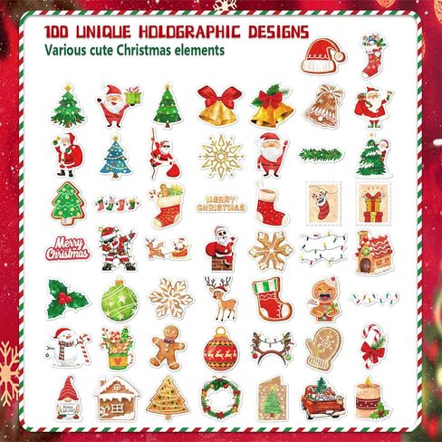 100Pcs Christmas Stickers, Laser Cute Reindeer Santa Claus Xmas Stickers Vinyl Waterproof Self-Adhesive Christmas Theme Sticker Decals for Scrapbook Envelope Xmas Party DIY Crafts in Saudi Arabia