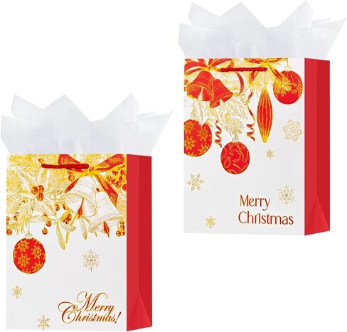 OFIHANLY 2 Pack 12.6" Medium Size Merry Christmas Gift Bags with Handles for Xmas Holiday Presents Red&Gold Paper Wrapping Bag with Tissue Paper in Saudi Arabia
