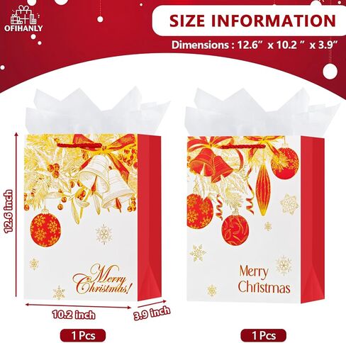 OFIHANLY 2 Pack 12.6" Medium Size Merry Christmas Gift Bags with Handles for Xmas Holiday Presents Red&Gold Paper Wrapping Bag with Tissue Paper in Saudi Arabia