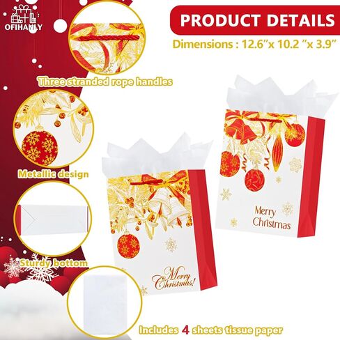 OFIHANLY 2 Pack 12.6" Medium Size Merry Christmas Gift Bags with Handles for Xmas Holiday Presents Red&Gold Paper Wrapping Bag with Tissue Paper in Saudi Arabia