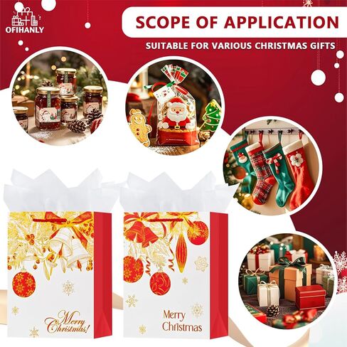 OFIHANLY 2 Pack 12.6" Medium Size Merry Christmas Gift Bags with Handles for Xmas Holiday Presents Red&Gold Paper Wrapping Bag with Tissue Paper in Saudi Arabia