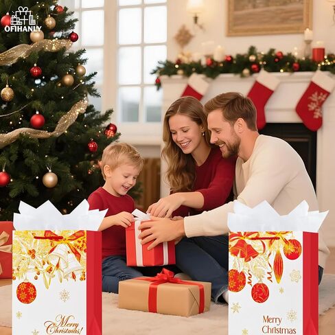 OFIHANLY 2 Pack 12.6" Medium Size Merry Christmas Gift Bags with Handles for Xmas Holiday Presents Red&Gold Paper Wrapping Bag with Tissue Paper in Saudi Arabia