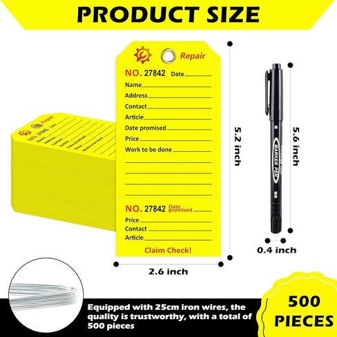 500 Pcs Repair Tags with Hole and Wire Maintenance Service Tags 2.6 x 5.25 Inch Numbered for Machinery & Office Service Tickets Equipment Maintenance Price Notice with Stub Yellow (500) in Saudi Arabia
