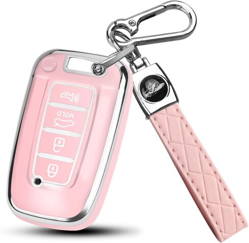 QBUC لغطاء Hyundai Key Fob مع سلسلة مفاتيح، متوافق مع Hyundai Sonata Azera Elantra Equus Kia Optima Sorento Forte Soul Genesis Old Smart Key (حافة فضية، وردي) in Saudi Arabia