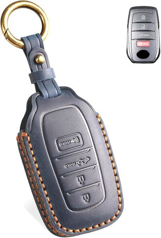 QBUC for Toyota Tacoma Genuine Leather Key Fob Cover, Fit for Toyota Tundra Prius Venza Corolla Crown Sequoia Grand Highlander RAV4 Prime 4 Button Key Holder Protector&Keychain Car Accessories(Black) in Saudi Arabia