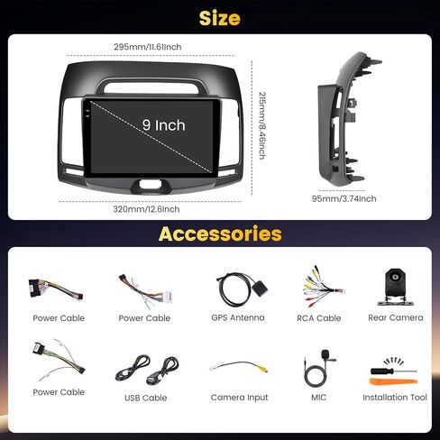 Android 13 Car Stereo for Hyundai Elantra 2007-2010 with Wireless Carplay Android Auto, 2+64GB 9'' Touch Screen Car Radio GPS WiFi Bluetooth SWC MIC Backup Camera Mirror Link FM in Saudi Arabia