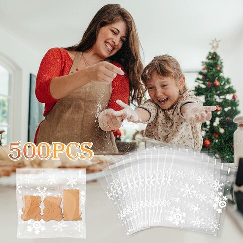 500 قطعة من أكياس بسكويت الشتاء من Yinder، حقيبة حلوى من السيلوفان على شكل ندفة الثلج، حقيبة حلوى ذاتية اللصق لمستلزمات حفلات أعياد الميلاد (5.5 × 5.5 بوصة، أبيض) in Kuwait