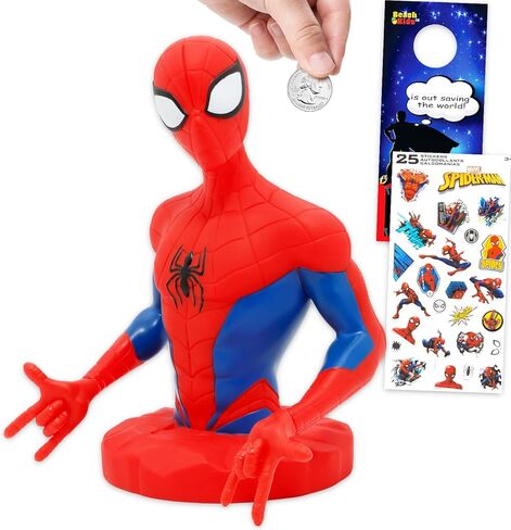 Spiderman Piggy Bank Set - Bundle of 7" Marvel Coin Saving Money Currency Banknote Jar Plus Stickers, More | Spiderman Money Bank for Kids in Saudi Arabia