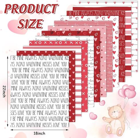 12Pcs Valentine Cotton Fabric Bundles 18 x 22 Inch Red Pink White Love Heart Fat Quarters Romantic Sewing Fabrics for DIY Craft Party Decor in Saudi Arabia