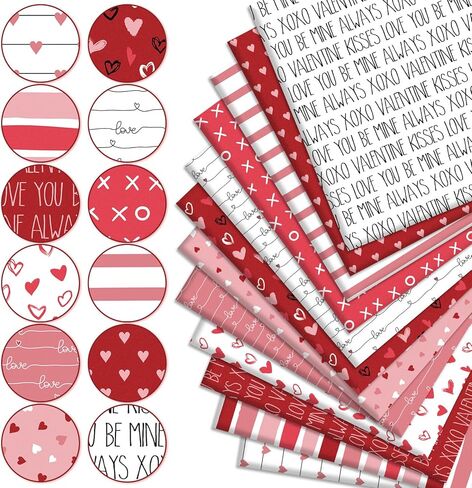 12Pcs Valentine Cotton Fabric Bundles 18 x 22 Inch Red Pink White Love Heart Fat Quarters Romantic Sewing Fabrics for DIY Craft Party Decor in Saudi Arabia