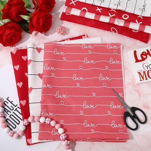 12Pcs Valentine Cotton Fabric Bundles 18 x 22 Inch Red Pink White Love Heart Fat Quarters Romantic Sewing Fabrics for DIY Craft Party Decor in Saudi Arabia