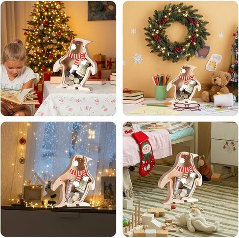 بنك الدب الخشبي للأطفال، جرة بنك النقود المعدنية اللطيفة غير القابلة للكسر، صندوق نقود آمن، جرة توفير شفافة، هدايا عيد الميلاد والذكرى السنوية للمعمودية للأولاد والبنات الصغار محبي الدب in Kuwait