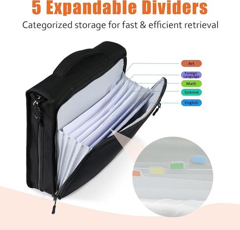 2 Inch 3 Ring Zipper Binder with 500 Sheet Capacity, 6 Tab Expanding File Folder, Multi-Pocket Design, Shoulder Strap and Handle for Middle School and Office (Black) in Saudi Arabia
