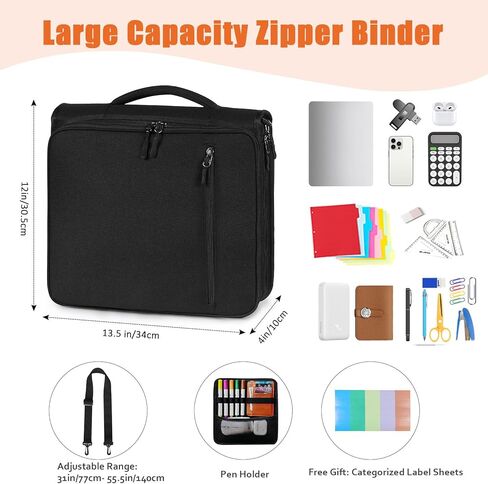 2 Inch 3 Ring Zipper Binder with 500 Sheet Capacity, 6 Tab Expanding File Folder, Multi-Pocket Design, Shoulder Strap and Handle for Middle School and Office (Black) in Saudi Arabia