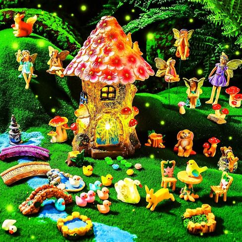 Poen 8'' Solar Light up Fairy House Garden 6-8 Fairy Figures Garden Accessories Kit Animals Doll House Decor Outdoor Micro Landscape Ornaments(Pink) in Saudi Arabia