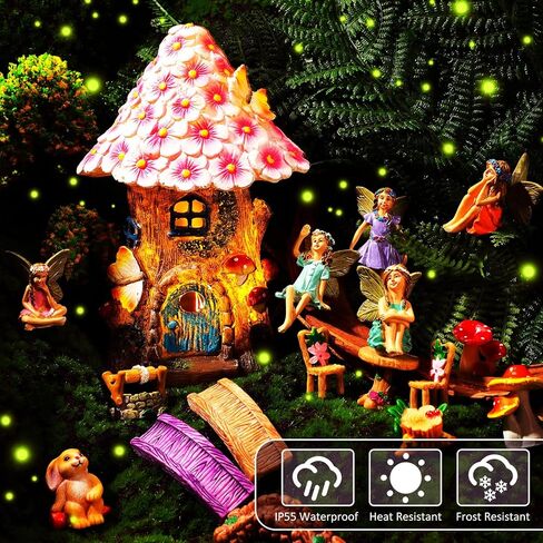 Poen 8'' Solar Light up Fairy House Garden 6-8 Fairy Figures Garden Accessories Kit Animals Doll House Decor Outdoor Micro Landscape Ornaments(Pink) in Saudi Arabia
