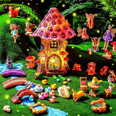 Poen 8'' Solar Light up Fairy House Garden 6-8 Fairy Figures Garden Accessories Kit Animals Doll House Decor Outdoor Micro Landscape Ornaments(Pink) in Saudi Arabia