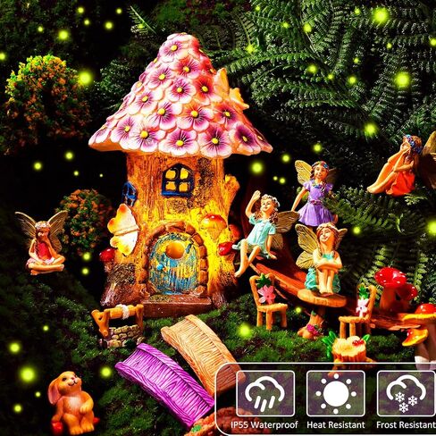 Poen 8'' Solar Light up Fairy House Garden 6-8 Fairy Figures Garden Accessories Kit Animals Doll House Decor Outdoor Micro Landscape Ornaments(Pink) in Saudi Arabia