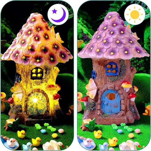 Poen 8'' Solar Light up Fairy House Garden 6-8 Fairy Figures Garden Accessories Kit Animals Doll House Decor Outdoor Micro Landscape Ornaments(Pink) in Saudi Arabia