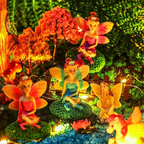 Poen 8'' Solar Light up Fairy House Garden 6-8 Fairy Figures Garden Accessories Kit Animals Doll House Decor Outdoor Micro Landscape Ornaments(Pink) in Saudi Arabia