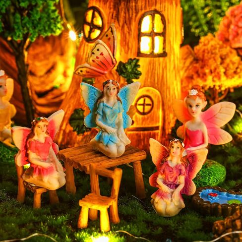 Poen 8'' Solar Light up Fairy House Garden 6-8 Fairy Figures Garden Accessories Kit Animals Doll House Decor Outdoor Micro Landscape Ornaments(Pink) in Saudi Arabia