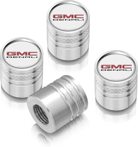 iPick Image for GMC Denali in White on Shining Silver Aluminum Cylinder-Style Tire Valve Stem Caps in Saudi Arabia
