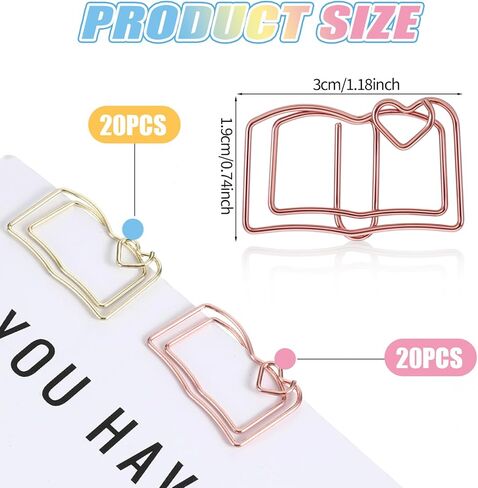 40 Pcs Book Shape Paper Clips, Fun Paper Clips Cute Small Book Clip Funny Metal Bookmarks Planner Bookmark Note Clip for School Office Supplies Wedding Party Decoration Gift, Rose Gold and Gold in Saudi Arabia