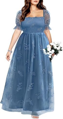 Plus Size Leaf Embroidery with Sequin Tulle Bridesmaid Formal Square Neck Smocked Long Dress in Saudi Arabia