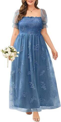 Plus Size Leaf Embroidery with Sequin Tulle Bridesmaid Formal Square Neck Smocked Long Dress in Saudi Arabia