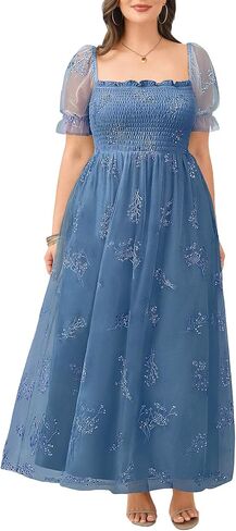 Plus Size Leaf Embroidery with Sequin Tulle Bridesmaid Formal Square Neck Smocked Long Dress in Saudi Arabia