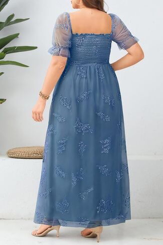 Plus Size Leaf Embroidery with Sequin Tulle Bridesmaid Formal Square Neck Smocked Long Dress in Saudi Arabia