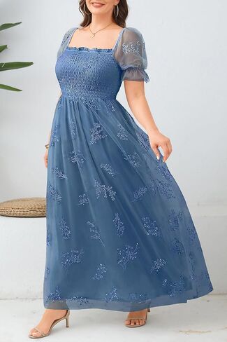 Plus Size Leaf Embroidery with Sequin Tulle Bridesmaid Formal Square Neck Smocked Long Dress in Saudi Arabia