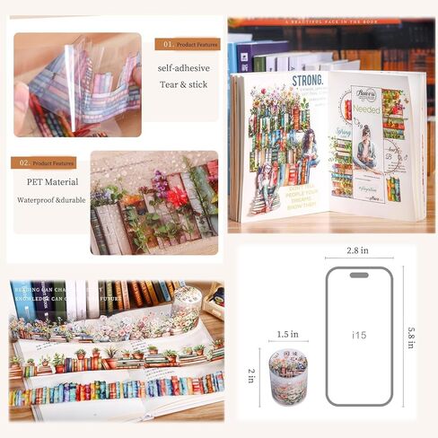 Magic PET Washi Tape Set,6 Rolls Vintage Reading Themed Scrapbook Tape Stickers for Journaling Supplies,Bullet Journaling,Planner,Notebook,Calendar,Photo Frame,DIY Craft(Magician Bookcase) in Saudi Arabia