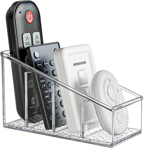 Remote Control Holder, TV Remote Holder Desk Organizer, Clear Plastic Desktop Organization Holder, 4 Compartments Makeup Brush Holders with Different Heights for Home, Pen Holder Office and School in Saudi Arabia