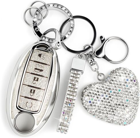 4 Button Key Fob Cover with Diamond, Compatible with Nissan Altima Sentra Maxima Murano Rogue Armada Pathfinder, Sparkling TPU Key Case and Bling Heart Decoration for Women, B-Style (Silver) in Saudi Arabia
