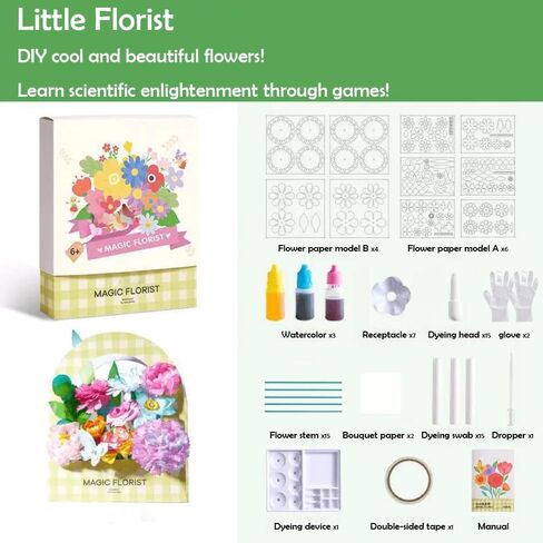 TEHZYORA Paper Flower Science & Craft Kit for Girls Ages 8–12 – DIY Color-Wicking Blooming Flowers with Primary Dyes, STEM Art Project, Bouquet Box Included (Green) in Saudi Arabia
