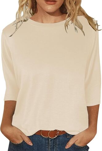 قمصان نسائية بأكمام 3/4 ورقبة دائرية وبلوزات غير رسمية فضفاضة وقمصان بلون واحد in Kuwait