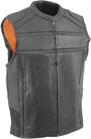 Milwaukee Leather MLM3560 Men's Black Leather Vest - Reflective Piping Elasticized Waist Open Neck Motorcycle Vest in Saudi Arabia