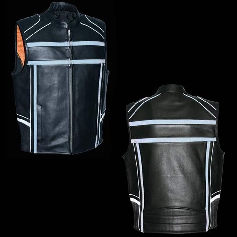 Milwaukee Leather MLM3560 Men's Black Leather Vest - Reflective Piping Elasticized Waist Open Neck Motorcycle Vest in Saudi Arabia
