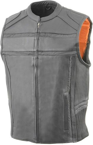 Milwaukee Leather MLM3560 Men's Black Leather Vest - Reflective Piping Elasticized Waist Open Neck Motorcycle Vest in Saudi Arabia