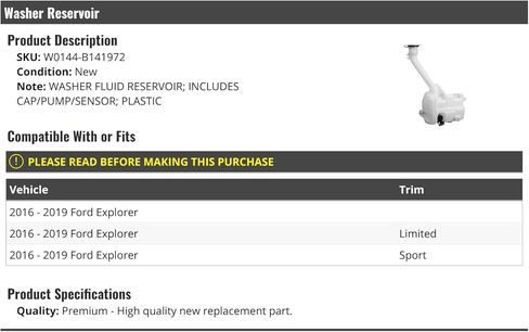 Windshield Washer Fluid Reservoir Tank - with Cap, Pump, and Sensor - Compatible with 2016-2019 Ford Explorer (W0144-B141972) in Saudi Arabia