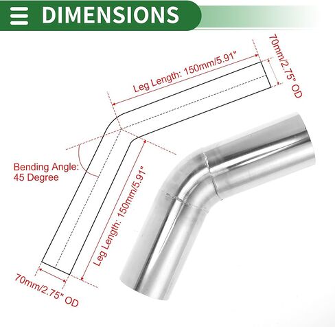 Motoforti 45 Degree 70mm/2.75" OD Mandrel Exhaust Pipe DIY Custom Car Modified Exhaust Pipe Tubing Piping 150mm/5.91" Length 304 Stainless Steel Silver Tone in Saudi Arabia