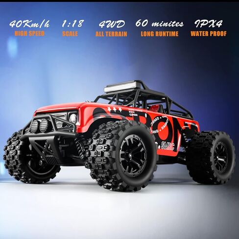 Remote Control Car, RC Car 4WD, 1/18 Scale, 2.4 GHz, 40 km/h Racing Car, Waterproof Off-Road Monster RC Truck with 2 Batteries 60 Minutes Running Time, Toy Car - Red in Saudi Arabia