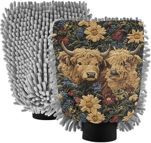 AIXIWAWA Highland Cow Pattern Print Car Wash Mitt Washing Glove Scratch Free Water Absorbent 2 Pack Large in Saudi Arabia